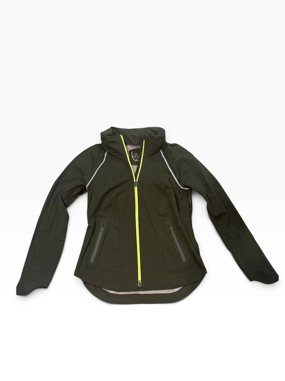 Athleta Rain Runner Jacket M Olive Green Windbreaker Packable Hood Pit Zips